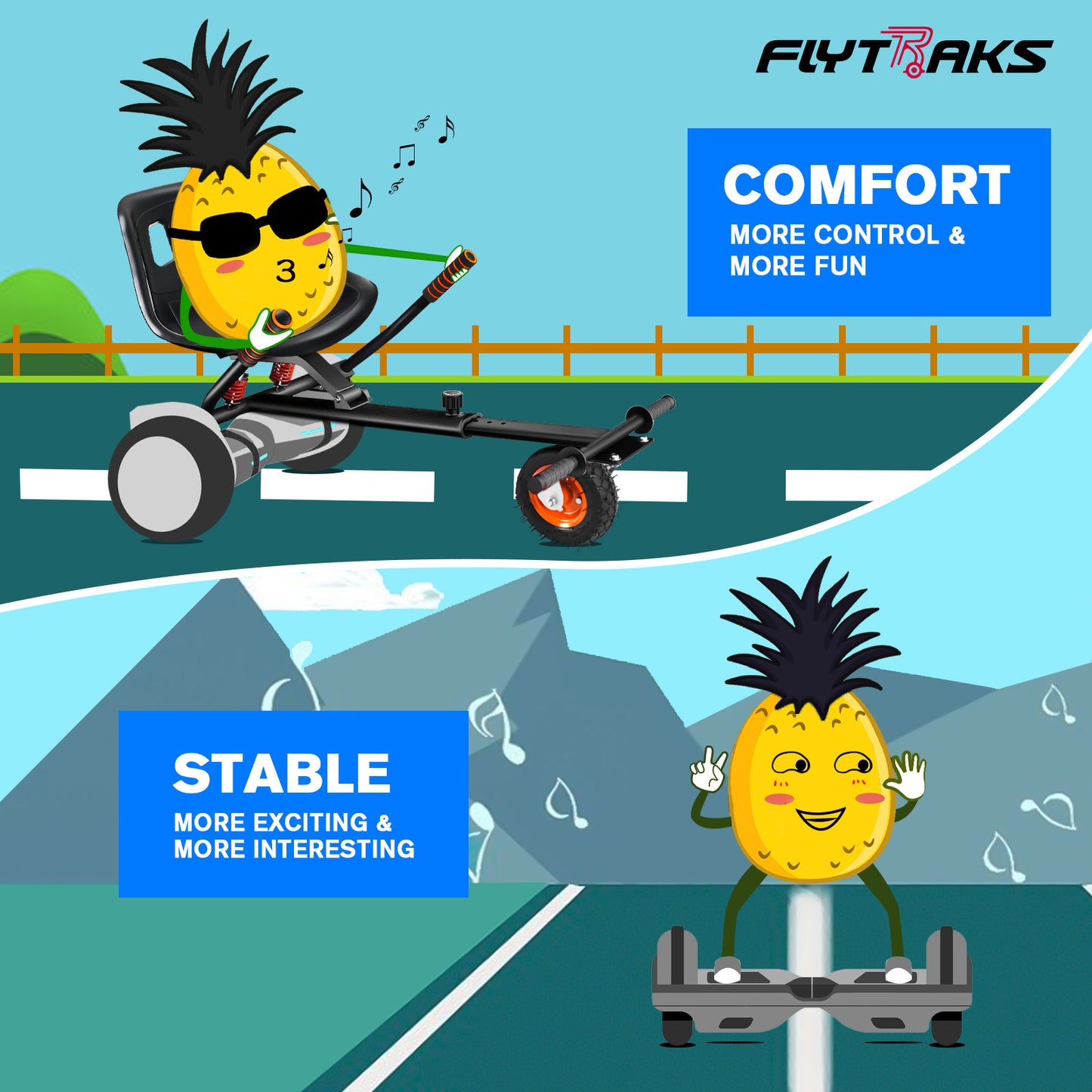 Flytraks K2 Hoverboard Go Kart ,Hoverboard Seat Attachment Accessory for 6.5" 8" 10" Hover Board, Adjustable Frame Length & Off-Road Rubber Wheel